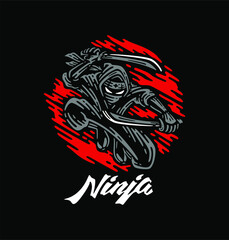 ninja hold two sword in dark background. Ninja shadow with red moon. vector illustration  © Noctwork