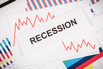 Inscription recessions and downward graphs representing financial crisis caused by coronavirus. Risk of recession around world. Covid-19