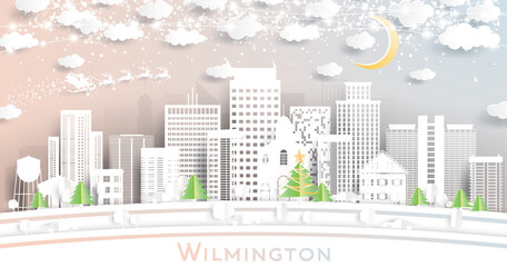 Wilmington Delaware USA City Skyline in Paper Cut Style with Snowflakes, Moon and Neon Garland.