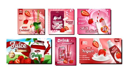Strawberry Product Promotional Posters Set Vector. Strawberry Soda Drink And Juice, Milk Cocktail, Yogurt And Marshmallows On Advertising Banners. Style Concept Template Illustrations