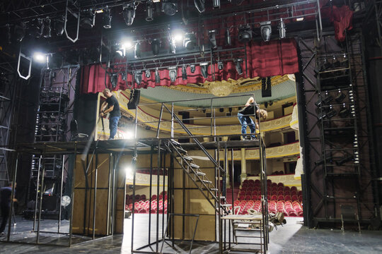 Batumi, Georgia, September, 6, 2020:Theater stage workers constructing decorations for the performance