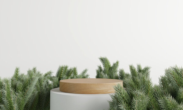Wood product display podium. Christmas concept. 3D rendering