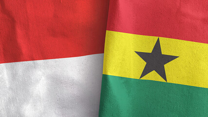 Ghana and Indonesia two flags textile cloth 3D rendering