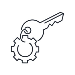 Fototapeta premium Gear and key. Business tools. Discover new technical opportunities in business technologies. Vector linear icon isolated on white background.