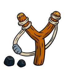 Slingshot. Wooden catapult. Children toy for throwing stones. Shooting and small rock. Cartoon drawn illustration isolated on white background