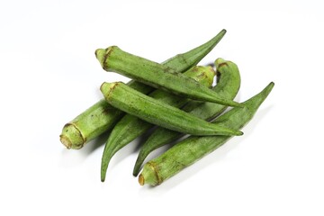 Pile of fresh and organic Okra isolated on the white background. Famous local herbal vegetable in Asia restaurant. 
