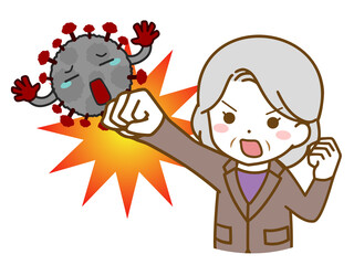 ウイルスを撃退するスーツを着た老年女性