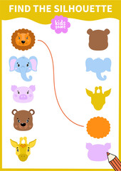 Children board game for preschoolers and primary school students worksheets.Page for kids educational book.Cute head portrait animal.