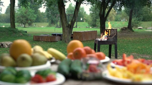 Fresh fruits and vegetables with fire barbeque in backround