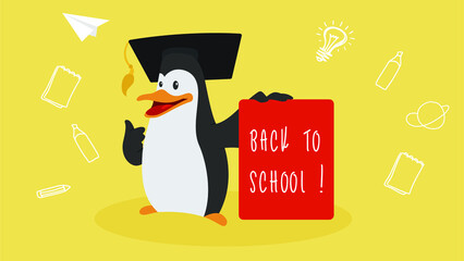 Penguin cartoon character animal with toga hat be a teacher for back to school concept. Penguin teaching  for education logo