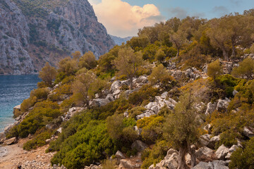 Fototapeta premium Beautiful idyllic mountain landscape sea. Amazing mountain landscape on the cloudy sky, natural outdoor travel background. Beauty world.