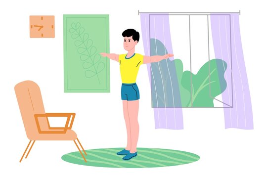Young man doing sports physical exercises, home workouts and fitness at home during quarantine and lead healthy lifestyle. Flat vector illustration. People, men and women using the house as a gym.