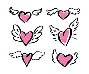 Hand drawn Hearts with wings on a white background. Set. Vector.