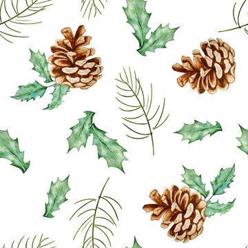 Watercolor pattern with pine branches, green holly berry leaves and pine cones