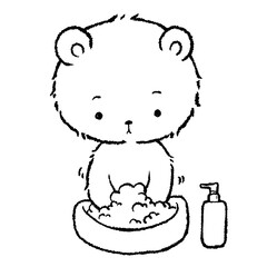 Line art of The bear was washing his hands in a small basin next to a bottle of liquid soap. Illustration for children.