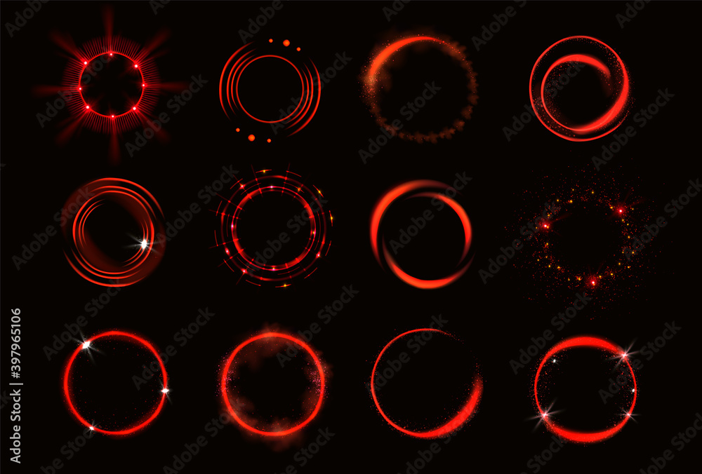 Wall mural glow red circles with sparkles and smoke, magic light effect. vector realistic set of shiny rings an