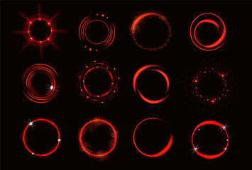 Glow red circles with sparkles and smoke, magic light effect. Vector realistic set of shiny rings and swirls, round frames of neon flare and glitter dust isolated on black background