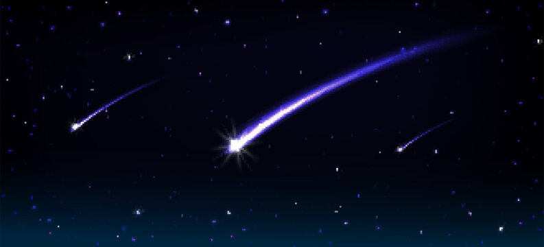 Falling comets, asteroids or meteors with blue flame trail in cosmos. Vector realistic illustration of black sky with stars, flying glowing meteorites from space and fireballs flash