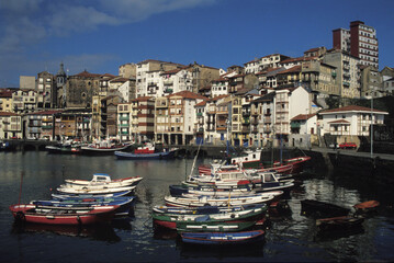 Fototapeta na wymiar Vintage photo : Bermeo fishing port, Cantabrian Sea, Bizkaia, Basque Country, Spain, Europe