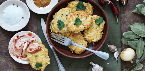 Potato pancakes are a national dish of Belarus, Ukraine and Russia.On a wooden background, pancakes, potato pancakes or pancakes, surrounded by sauce, salted fish and spices.