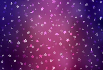 Dark Purple vector template with ice snowflakes, stars.