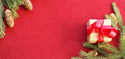 A gift tied with a red ribbon surrounded by fir branches with cones. Christmas greeting felt background with place for text.