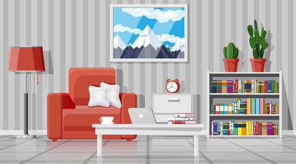 Interior of modern living room. Armchair, plant, picture of mountain, lamp, table, library and cabinet. Home decor. Interior for relax and work. Inside of house. Cartoon flat vector illustration
