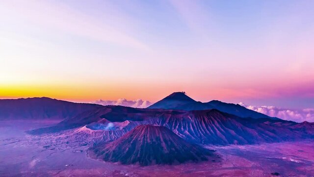 Time Lapse 4K Morning light of Bromo Volcano Mountain Landmark Bromo Tengger Semeru National Park in East Java, Indonesia 