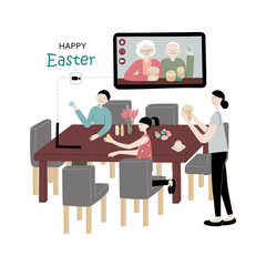 Happy Easter online. Cute vector flat illustration with family celebrating holiday. Mom with kids congratulate and knock eggs with elderly grandparents via video call on a laptop on the festive table