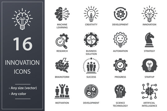 Innovation icon set. Collection of technology, success, startup, artificial intelligence and more. Vector illustration.