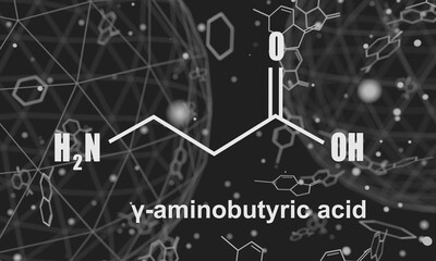Medical illustration. Chemical formula of gamma-Aminobutyric acid. 3D rendering