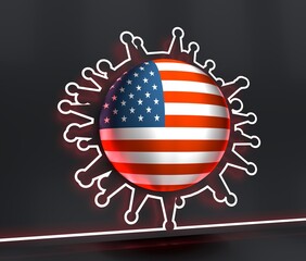 Abstract virus silhouette. Coronavirus virus danger relative illustration. Medical research theme. Virus epidemic alert. Flag of USA. 3D rendering