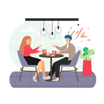 Coffee shop scene. Happy couple in love drinking coffee, talking to each other sitting at table flat vector illustration