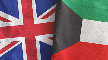 Kuwait and United Kingdom two flags textile cloth 3D rendering