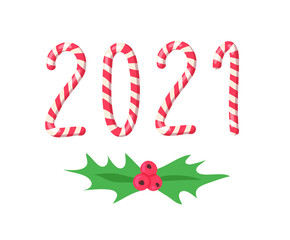 Happy New Year Greeting Card with numbers 2021. Cartoon vector illustration Christmas Candy Cane. Hand drawn font. Actual Creative Holidays sweet alphabet