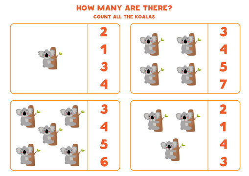 Count all koalas and circle the right answer. Math game for preschool kids.