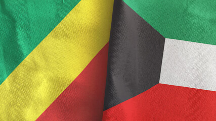 Kuwait and Congo two flags textile cloth 3D rendering