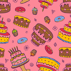 Seamless festive background. Doodle background for birthday, party. Hand-drawn background for packaging, cards, decoration.