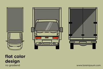 Vector small truck front view back view and side view. Cargo delivery. Solid and Flat color design. Truck car for transportation. Corporate identity.