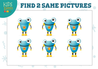 Find two same pictures kids puzzle vector illustration.
