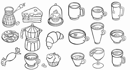  Tea, coffee, pastry icons. line set symbol. icon