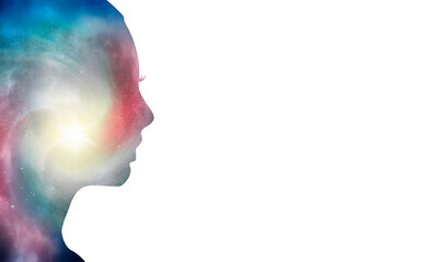 Obraz premium Silhouette of woman head. Scientific medical design. Double exposure. Universe filled with stars.