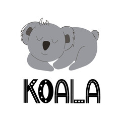 Cute koala is sleeping, vector children's colorful illustration in cartoon hand drawn style for printing on baby clothes, interior design, packaging, stickers. Isolated on white