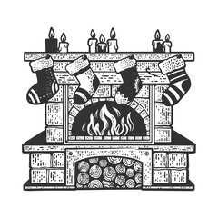 christmas fireplace sketch raster illustration