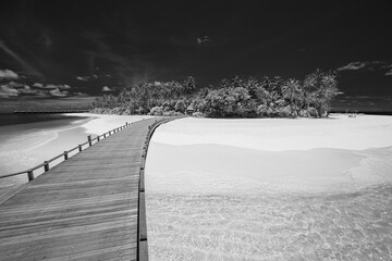 Abstract black and white beach landscape, tropical nature. Artistic resort with wooden jetty into paradise island. Dramatic island, shore, coast with soft waves under dark sky