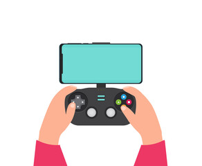Modern smartphone connected with gamepad, isolated on white background. Flat vector.