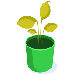 Isometric yellow home plant in a round green pot; vector illustration.