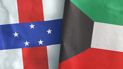 Kuwait and Netherlands Antilles two flags textile cloth 3D rendering