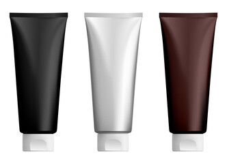 Cosmetic cream tube. Lotion plastic tubes mockup. Face of hand gel bottle template design, realistic illustration. Soft thoothpaste packaging to squeeze. BB creme or shampoo tubes