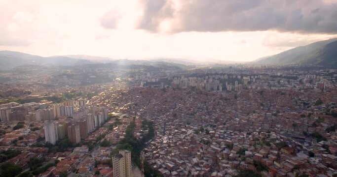 Birds eye view of Petare slum, in Caracas, Venezuela during sunset